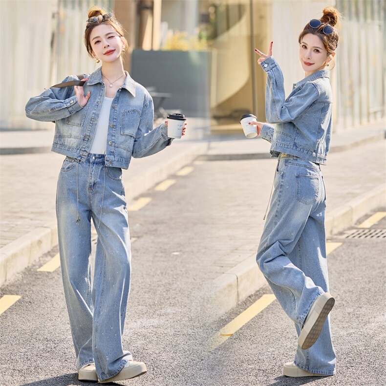 2025春季时髦气质重工镶钻翻领单排扣牛仔套裤时尚套装两件套腰带，女装套装/套裙，浪花E族（衣布洛）