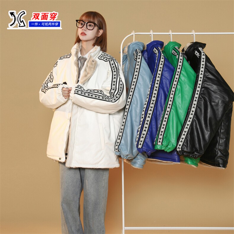 双面穿PU皮衣外套棉衣男加绒情侣棉服面包服棉袄女3323-P90控128图片