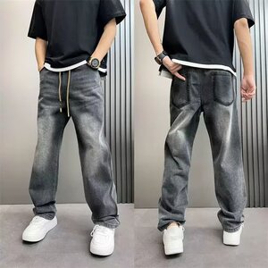 秋冬季美式休闲痞帅重磅复古黑色牛仔裤男直筒宽松百搭阔腿裤子图片