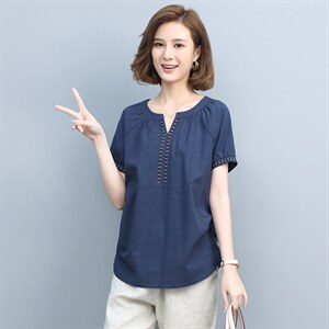 2021夏季新款时尚气质圆领绣花宽松休闲减龄短袖T恤图片