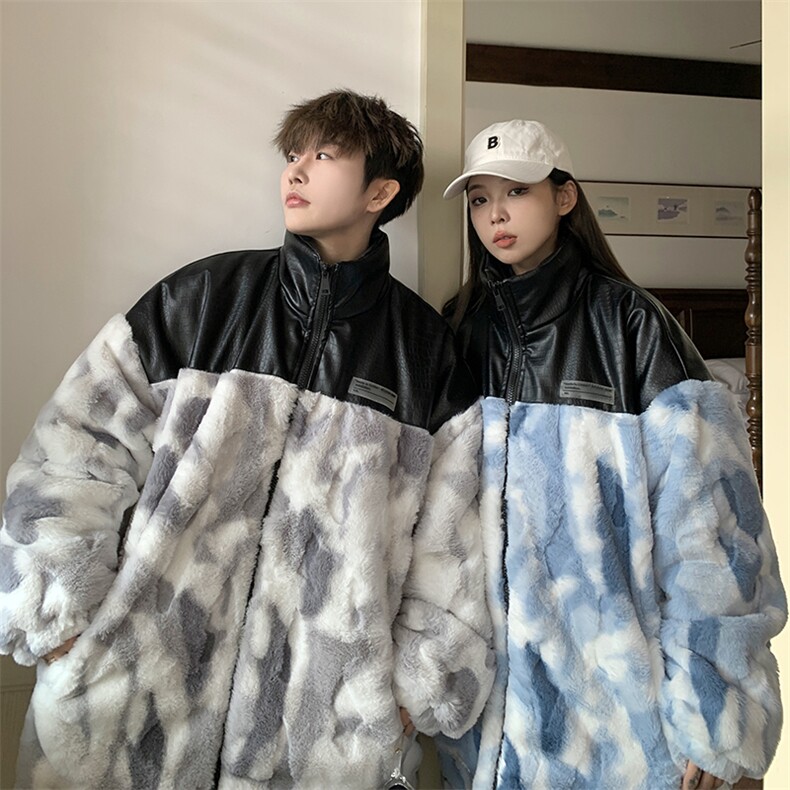 1港风情侣鳄鱼纹PU皮棉衣男拼接毛绒外套男8717P138控188图片