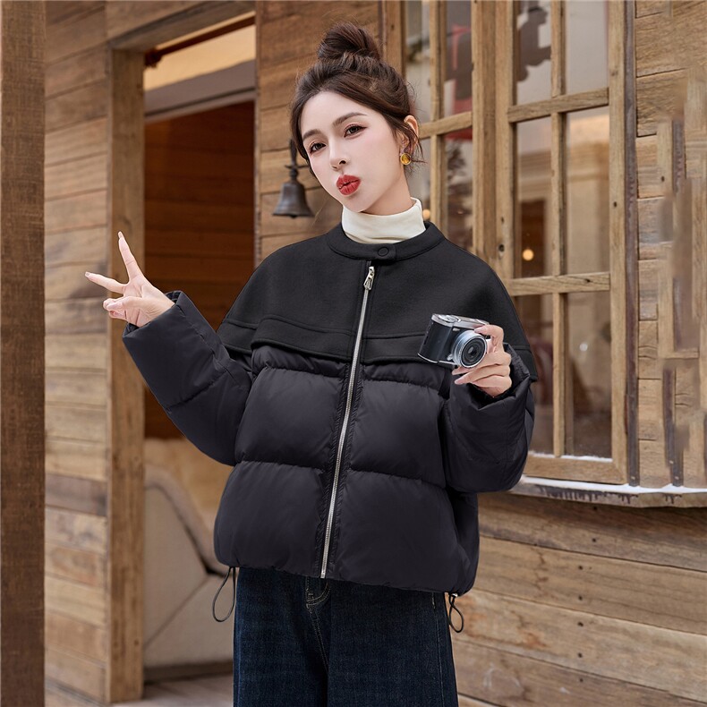 设计感气质毛呢拼接羽绒服女2025冬季新款短款外套减龄,女装羽绒服,玖莱伊