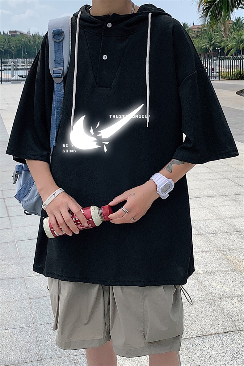 LD54111-P45连帽短袖t恤男大码胖子带帽五分袖中袖,男装T恤,电商A040