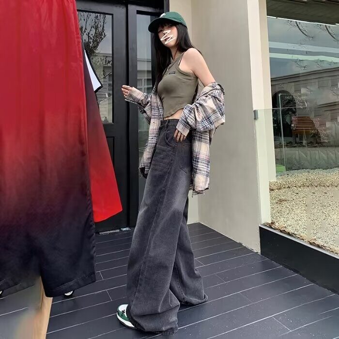 美式复古直筒牛仔裤女春秋季2025新款黑灰色高腰显瘦宽松拖地裤子,男装牛仔裤,星座1210-1