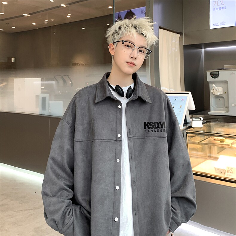 港风24春季新款时尚麂皮绒宽松翻领衬衫外套S74P48控68,男装衬衫,电商A247