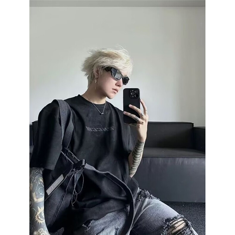夏季薄款美式高街微喇破洞牛仔裤男宽松直筒oversize极度破坏高级,男装牛仔裤,星座506A