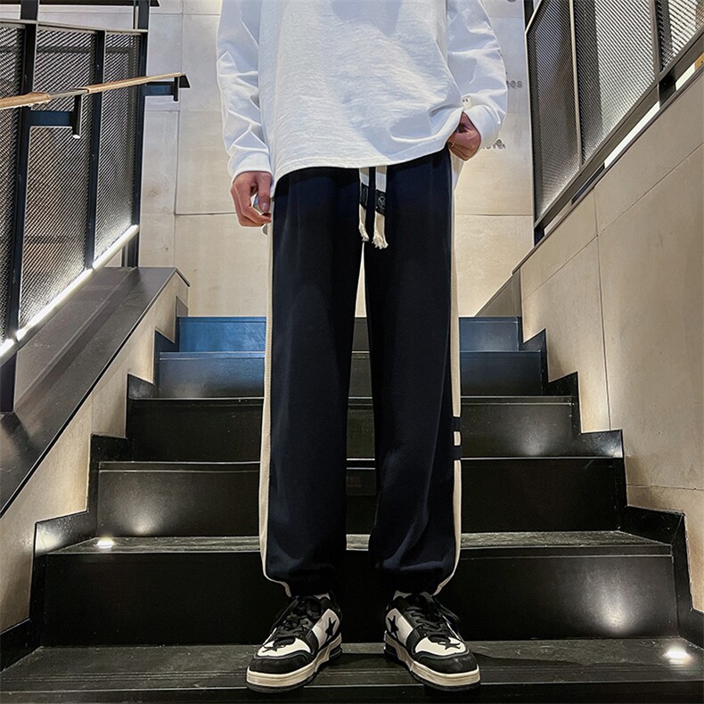 K011P45内景楼梯2024秋季新款华夫格男裤撞色宽松大码休闲裤,男装休闲裤,电商A026-1