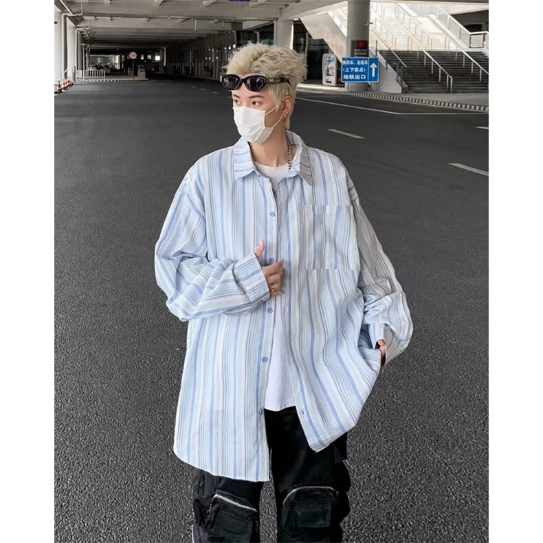 日系复古设计感条纹长袖衬衫男C152-P40图片