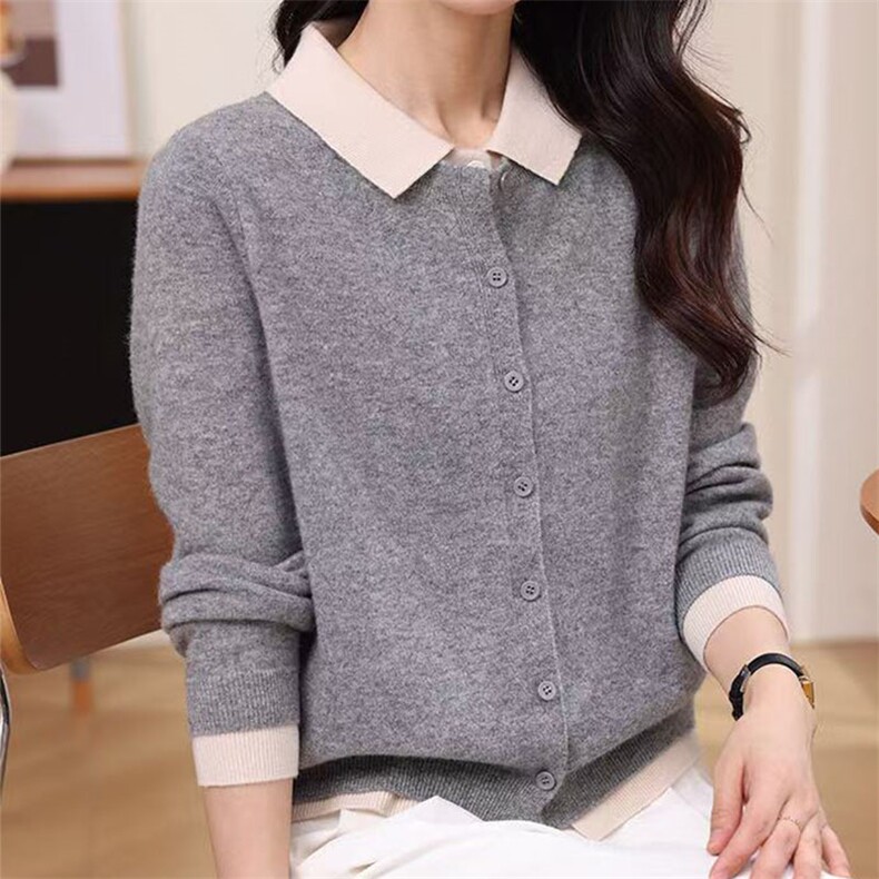 衬衫领假两件毛衣女2025秋拼接撞色上衣洋气宽松穿搭针织开衫外套,女装羊毛衫,萱芳婷羊绒