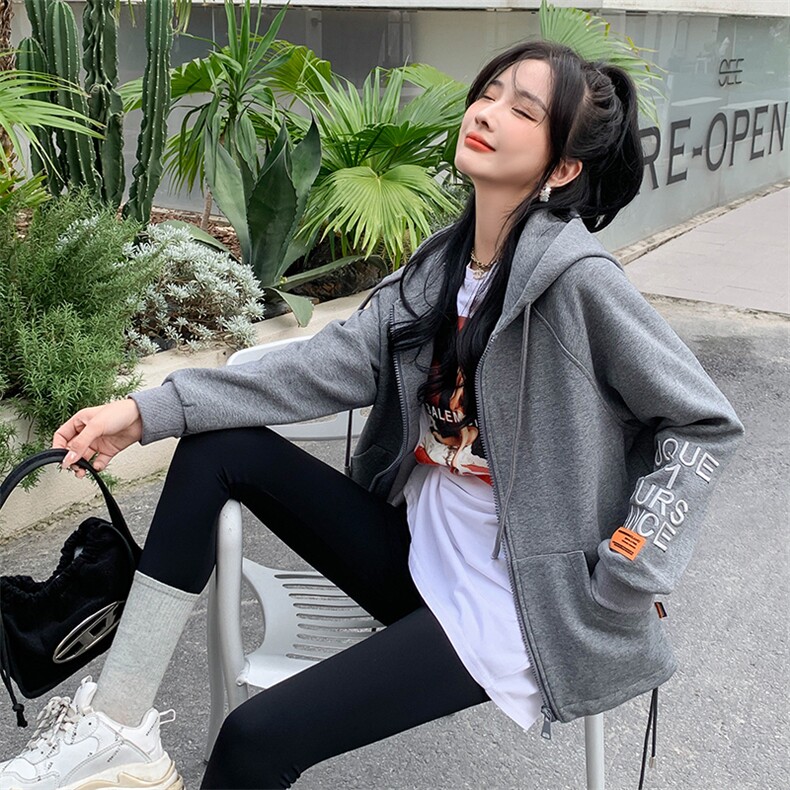开衫卫衣拉链外套女2024春季新款韩版慵懒风连帽宽松大码外套女图片
