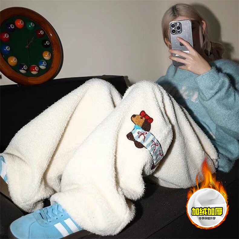 冬季美式刺绣羊羔毛棉裤男女情侣加绒加厚保暖宽松休闲阔腿长裤子，男装棉衣，电商A443