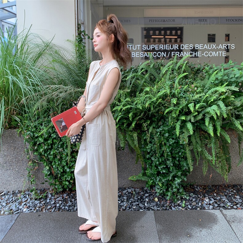 休闲宽松杏色工装连体裤女夏季2025年新款韩版高级感连身衣阔腿裤,女装连体裤,2C016