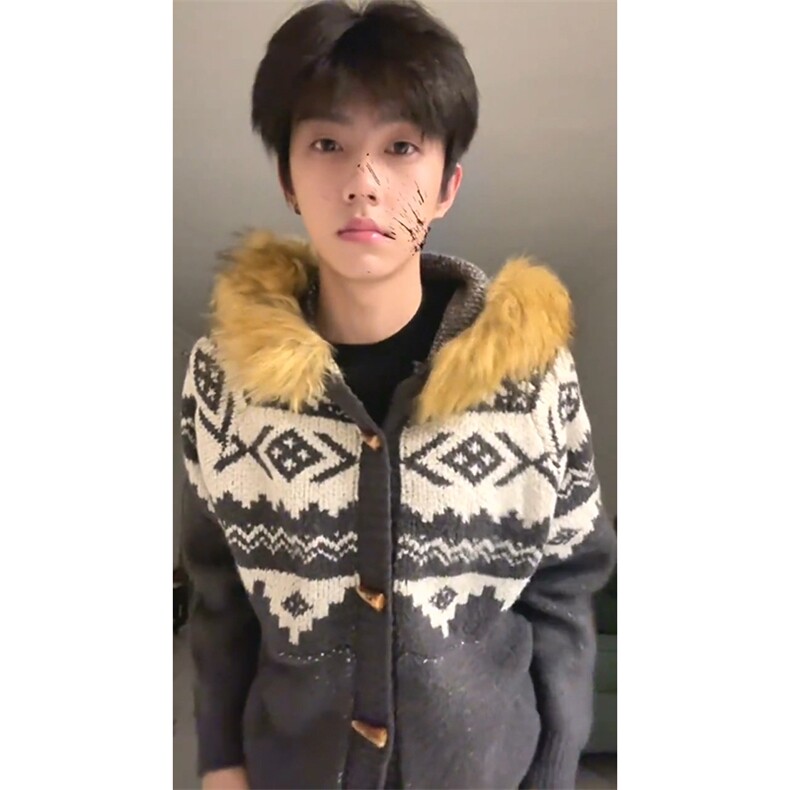 重磅北极绒座山雕大毛毛领毛衣外套冬美式复古休闲慵懒风针织开衫,男装针织衫/毛衣,电商A486