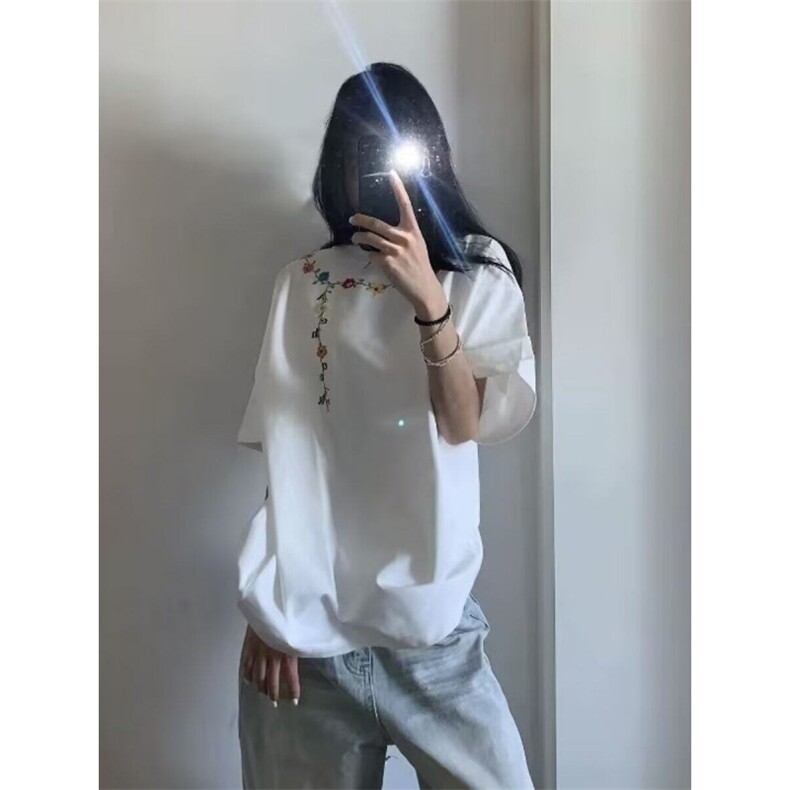 ICHMDOE美式花卉项链刺绣短袖T恤女夏季新款高街宽松半袖上衣t,男装T恤,四季星座505