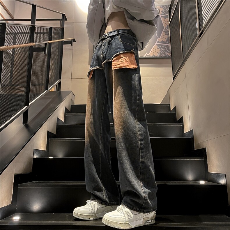 假两件牛仔裤高街水洗做旧复古蓝直筒阔腿长裤A061-EX50205-P65,男装牛仔裤,电商A061
