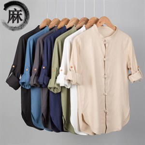 风棉麻大码衬衣男士休闲衬衫长袖立领复古盘扣男装M107-P50，男装衬衫，钱塘788(原4013)