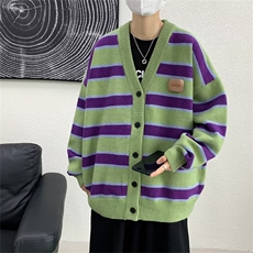 条纹开衫毛衣男冬ins潮休闲外套慵懒风宽松毛线针织衫MZ171-P43，男装针织衫/毛衣，星座412-3