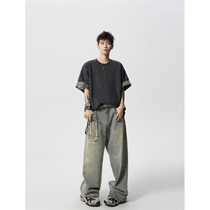 8XL-M 格子翻边设计短袖tee男同款文艺休闲T恤上衣半截袖男DX342图片