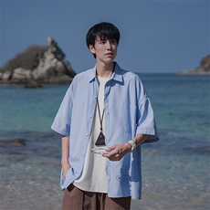 B225-C6063-P58-X75条纹衬衫男短袖夏季日系复古休闲高级感短袖，男装T恤，电商B225