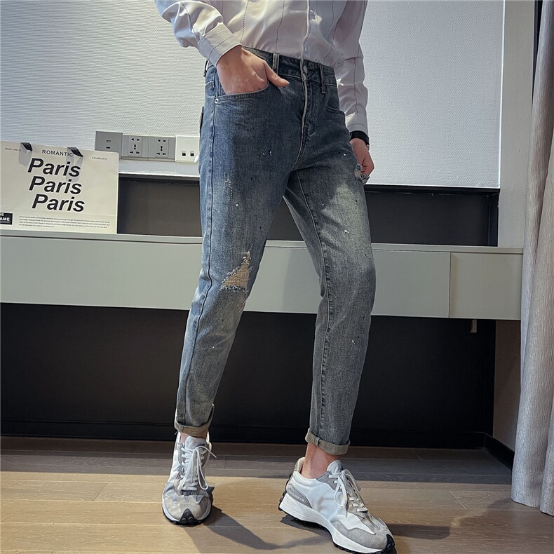 B230时尚做旧泼墨甩漆破烂补丁修身牛仔裤男长期备货款7705P90,男装牛仔裤,电商B230