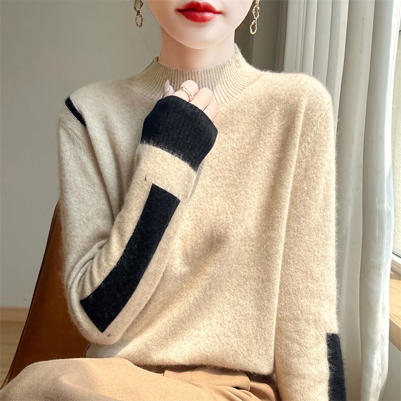 时尚百搭女士羊毛拼色高领今年流行漂亮内搭打底衫冬女毛衣针织衫，女装羊毛衫，郡淞羊绒
