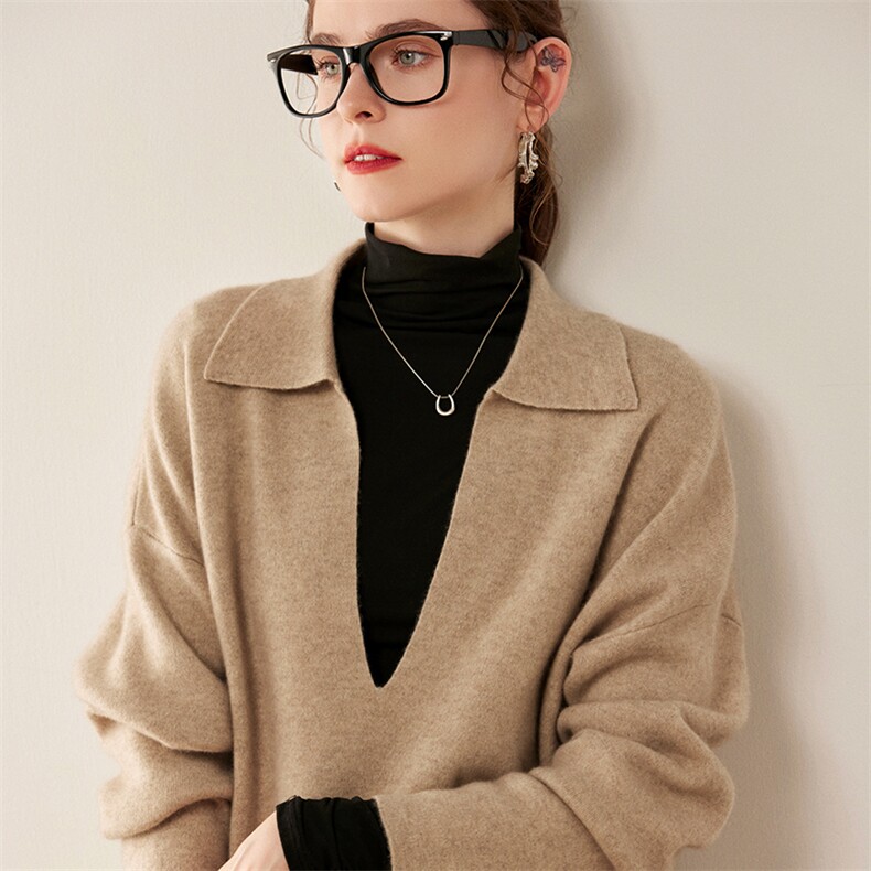 2024秋季新款POLO领35%羊绒衫宽松舒适,女装羊绒衫,戎美山