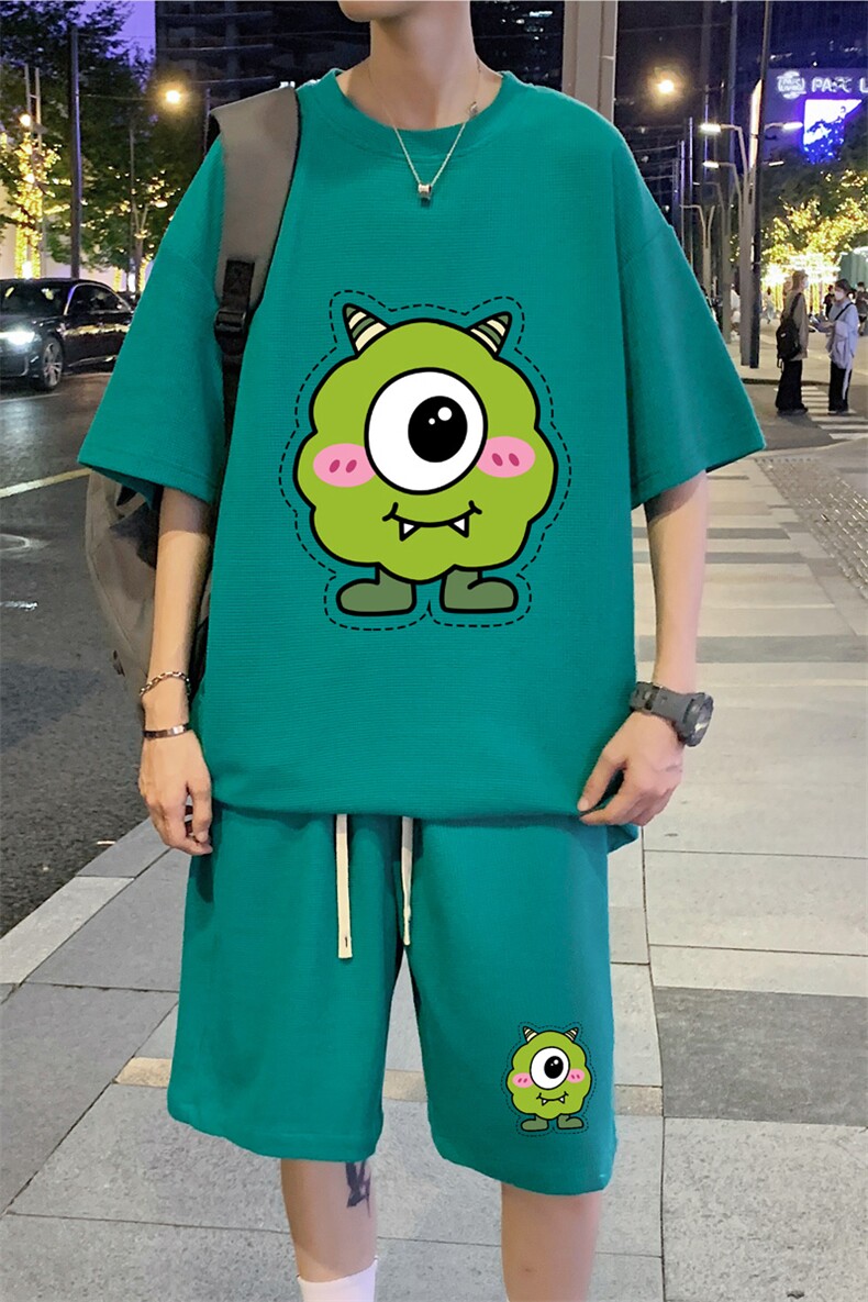 ！定制华夫格面料！2024夏季男女中性短袖情侣套装HTZ66P50,男装T恤,电商B220