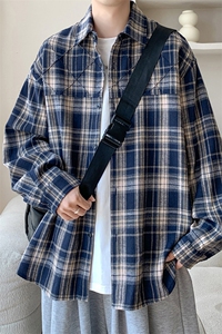 美式复古蓝格子衬衫男秋季青少年学院风长袖衬衣高街痞帅大码外套图片