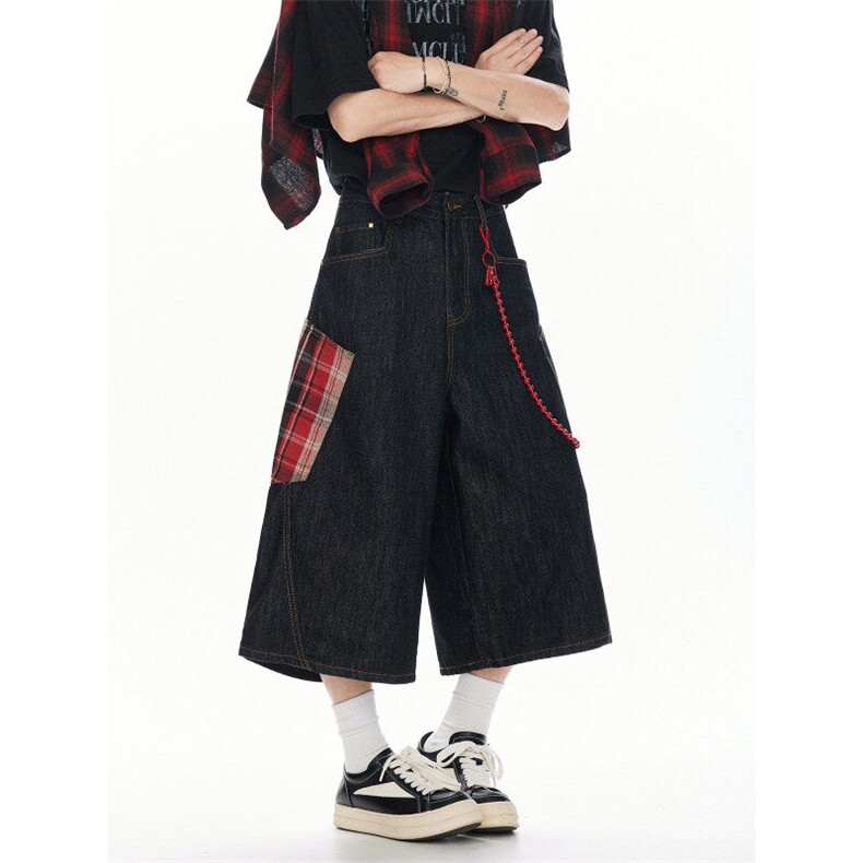 美式格纹大口袋弯刀七分裤男女潮牌休闲短裤阔腿中裤k88p55控88，男装牛仔裤，星座1011-1
