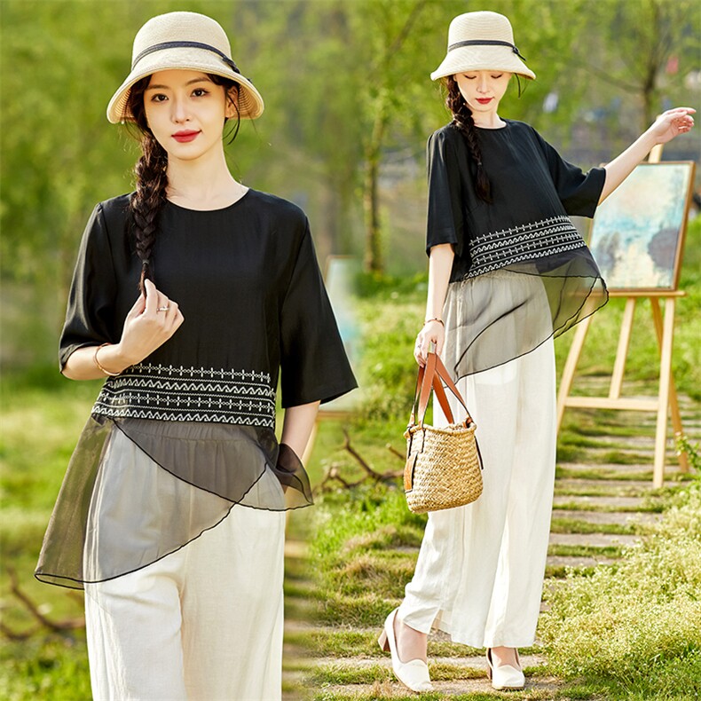 休闲冰丝套装女夏季2025搭配一整套遮肉显瘦时尚高级亚麻两件套裤，女装套装/套裙，水衣源