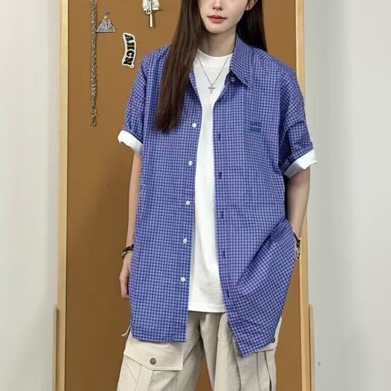 蓝色格子短袖衬衫女男夏季2025新款设计感小众宽松港风穿搭休闲,男装衬衫,星座506A