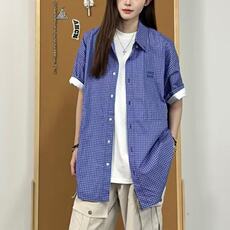 蓝色格子短袖衬衫女男夏季2025新款设计感小众宽松港风穿搭休闲，男装衬衫，星座506A