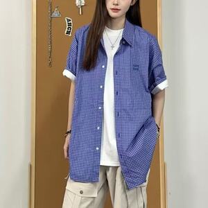 蓝色格子短袖衬衫女男夏季2025新款设计感小众宽松港风穿搭休闲