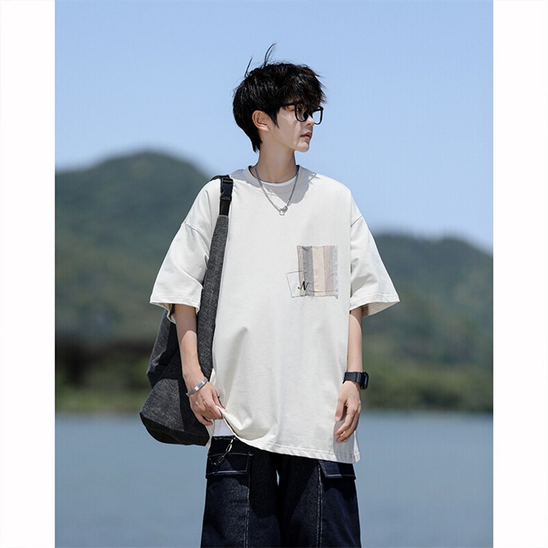 8XL-M 高品质纯棉美式复古宽松简约百搭学院风短袖T恤上衣男DX343图片