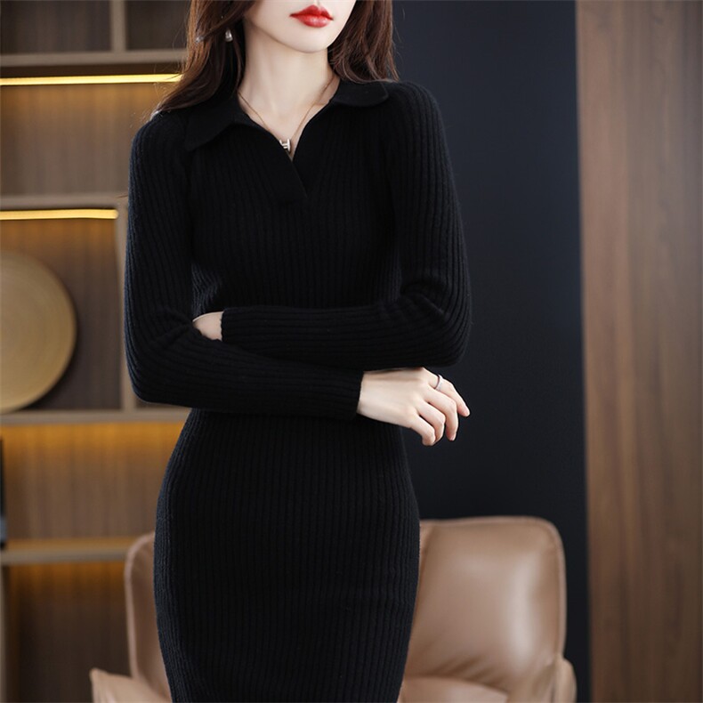 羊毛裙女Polo领连衣裙秋冬新款羊绒打底宽松针织衫中长款毛衣裙，女装连衣裙，暖思雅