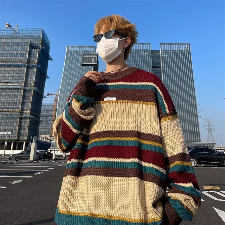 秋冬新款宽松美式复古条纹毛衣男圆领针织衫慵懒风上衣外套潮7171,男装针织衫/毛衣,星座506