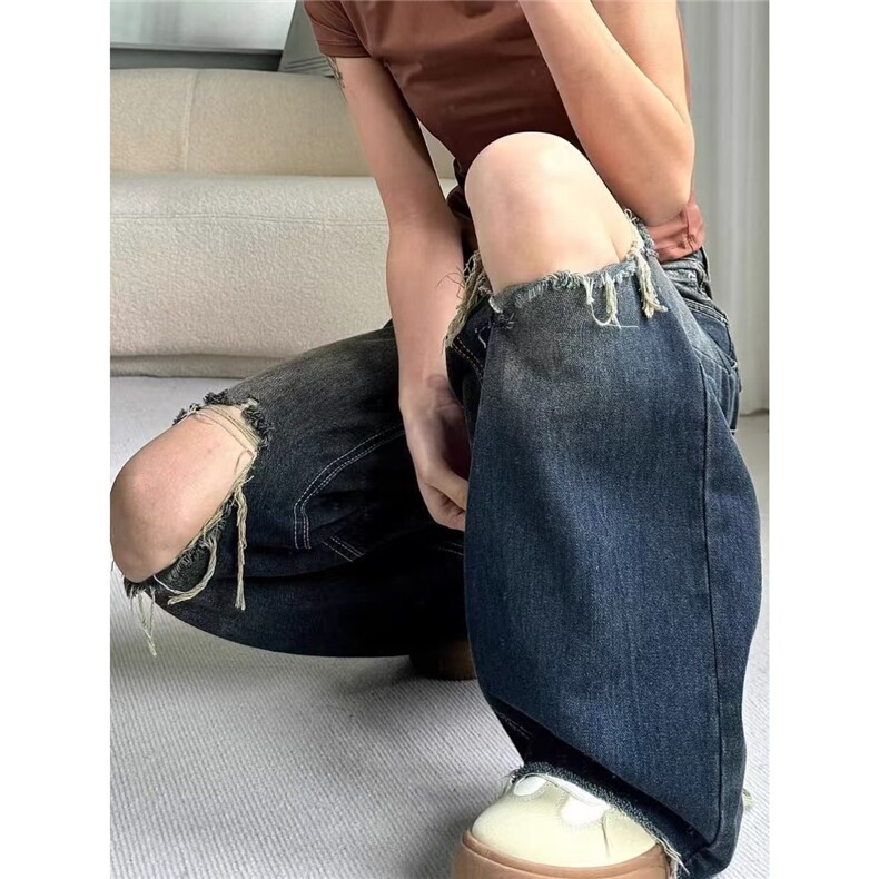 美式复古破洞牛仔裤女2025夏季小众高腰显瘦宽松直筒阔腿拖地裤子，男装牛仔裤，星座506A