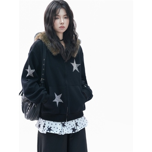 美式复古毛领连帽开衫卫衣女设计感烫钻星星宽松外套图片