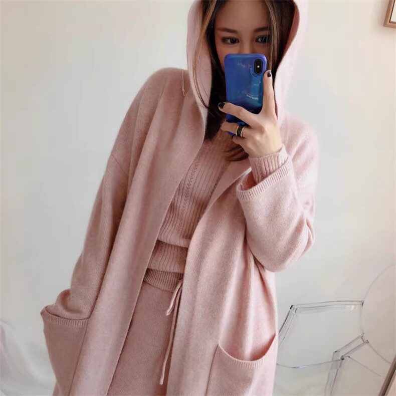时尚百搭粉色羊毛开衫外套女秋冬季新款宽松显瘦长款针织衫,女装羊毛衫,隆格羊绒