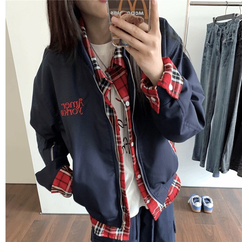 美式复古假两件夹克男女秋冬季小众设计感衬衫格子外套 JK106图片
