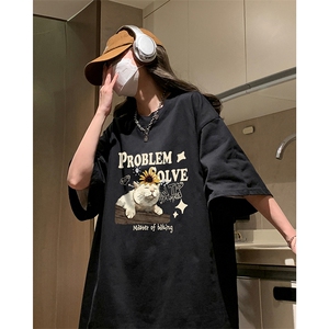 慵懒风小猫咪印花休闲宽松打底衫美式vibe纯棉短袖T恤HY574TP20图片