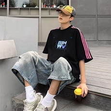 抖音得物品质二开240克宽松纯棉美式潮牌印花三条杠中性风短袖T恤，男装T恤，电商A486
