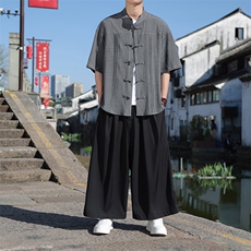 新中式风褶皱透气春夏休闲宽松大码盘扣短袖手工盘扣上衣30506，男装T恤，星座305A（原312A-1）