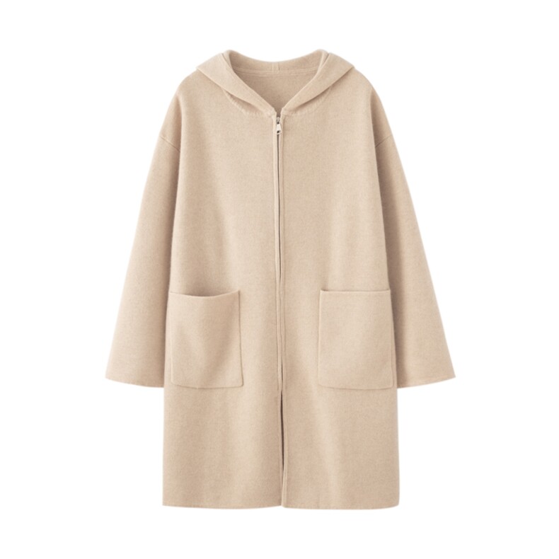 2025年秋季新款百搭女士连帽休闲中长款大衣，女装双面呢大衣，窄众羊绒