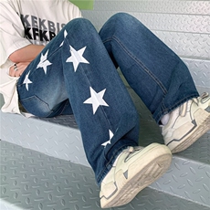 高街侧排星星印花阔腿牛仔裤男春季新款潮ins宽松KN918-P48，男装牛仔裤，星座1109-3