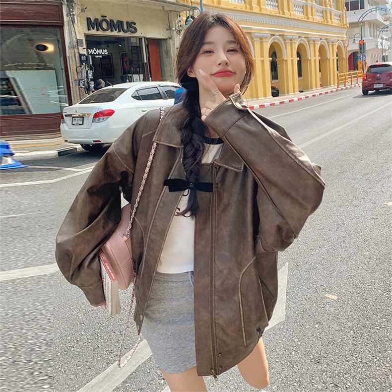 黑色高级感皮衣外套女2025年春秋新款韩版炸街复古小个子PU皮夹克,女装皮衣,2C260