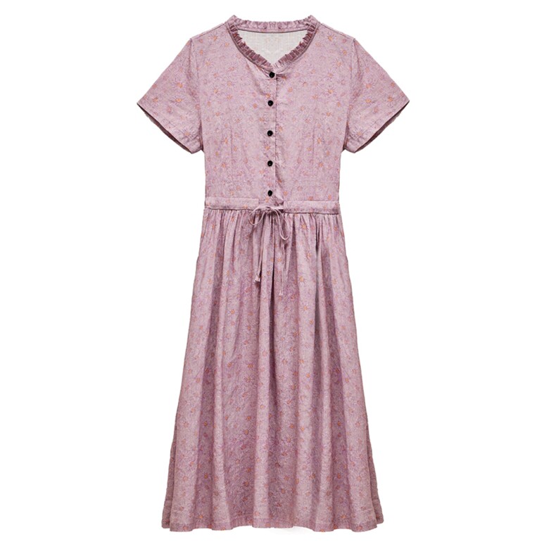棉麻连衣裙夏季2025新款衣服大码女装高端精致气质碎花宽松长裙子,女装连衣裙,木橙西子