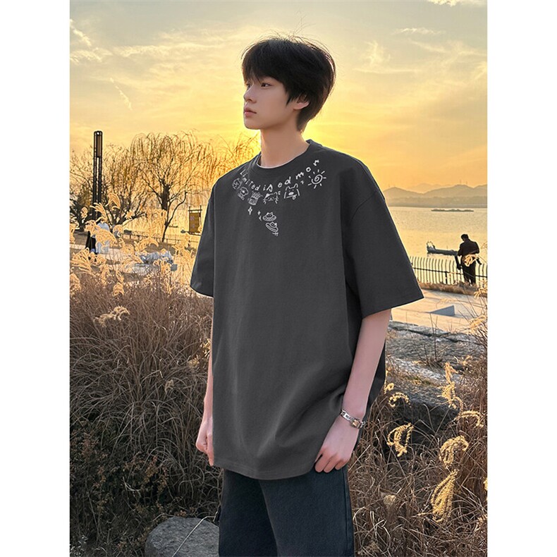 韩版简约宽松百搭上衣夏季新款小众设计印花短袖HY767TP20控38,男装T恤,电商A102B