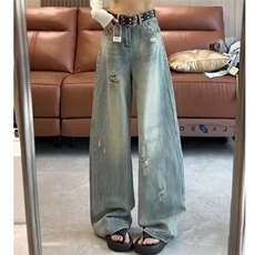 N890-P45大码破洞牛仔裤女2025秋冬新款美式高腰阔腿裤宽松，男装牛仔裤，电商B323A