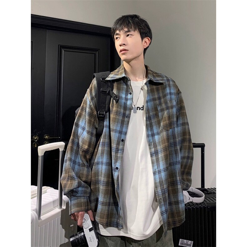 美式复古格子长袖衬衫秋季宽松慵懒街头衬衣外套情侣潮流C11p38,男装衬衫,电商D315